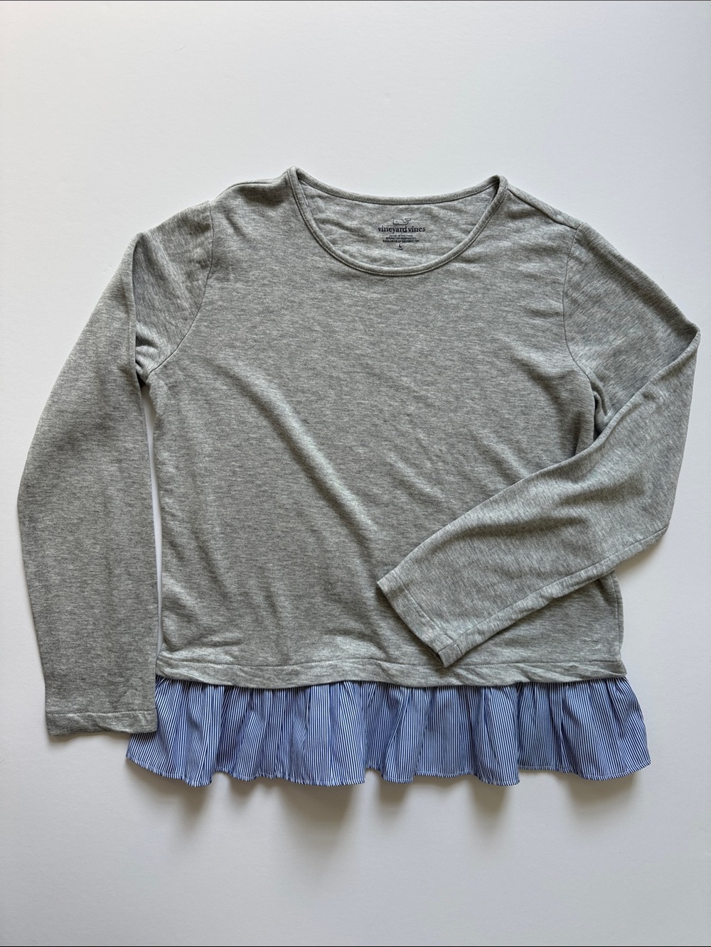 Vineyard Vines Girls' Gray Long-Sleeve Top with Blue Striped Ruffle